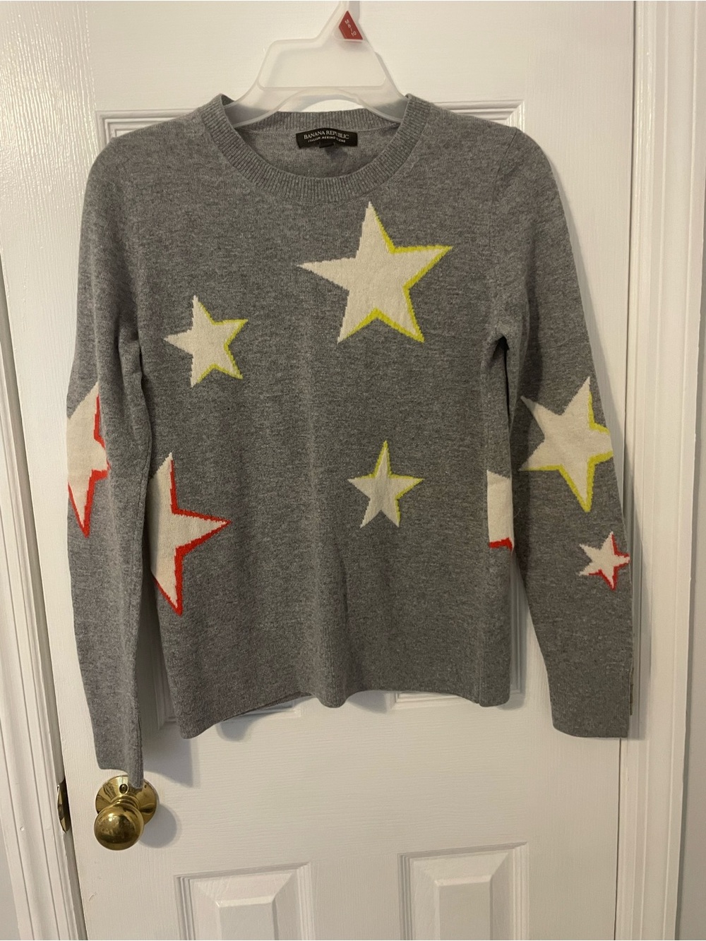 Banana Republic Italian Merino Wool Gray Star Motif Crewneck Sweater Sz Small